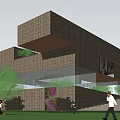 Modern Irregular Block Building With Brown Brick Texture Glass Windows Lawn Trees And People Activity