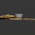 Golden Crispy Pastries With Powdered Sugar On Wooden Tray And Sauce Cup