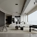 Modern Minimalist Living Room With White Sofas Black Coffee Table Curved Wall And Large Windows