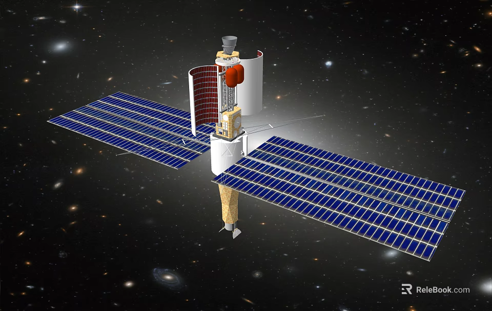 Cartoon Scene of Spacecraft with Solar Panels Floating in Starry Space 3d model 