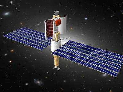 Cartoon Scene of Spacecraft with Solar Panels Floating in Starry Space 3d model