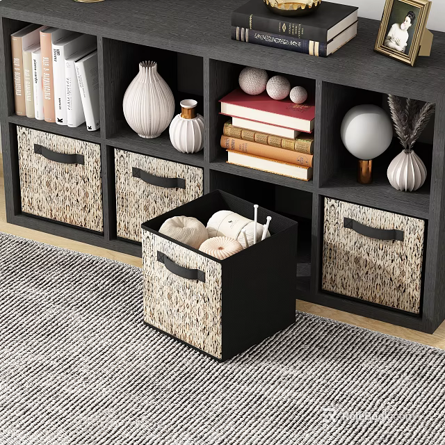 Modern Bedside Table With Woven Baskets Drawers Books Vase And Decorative Lamp 3d model 