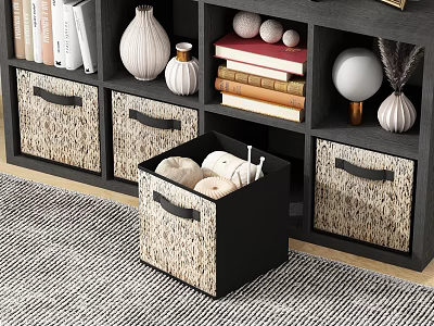 Modern Bedside Table With Woven Baskets Drawers Books Vase And Decorative Lamp 3d model