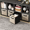 Modern Bedside Table With Woven Baskets Drawers Books Vase And Decorative Lamp
