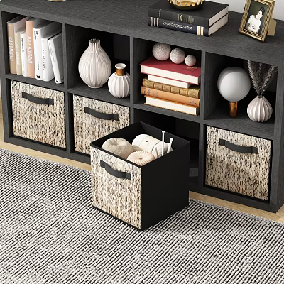 Modern Bedside Table With Woven Baskets Drawers Books Vase And Decorative Lamp 3d model