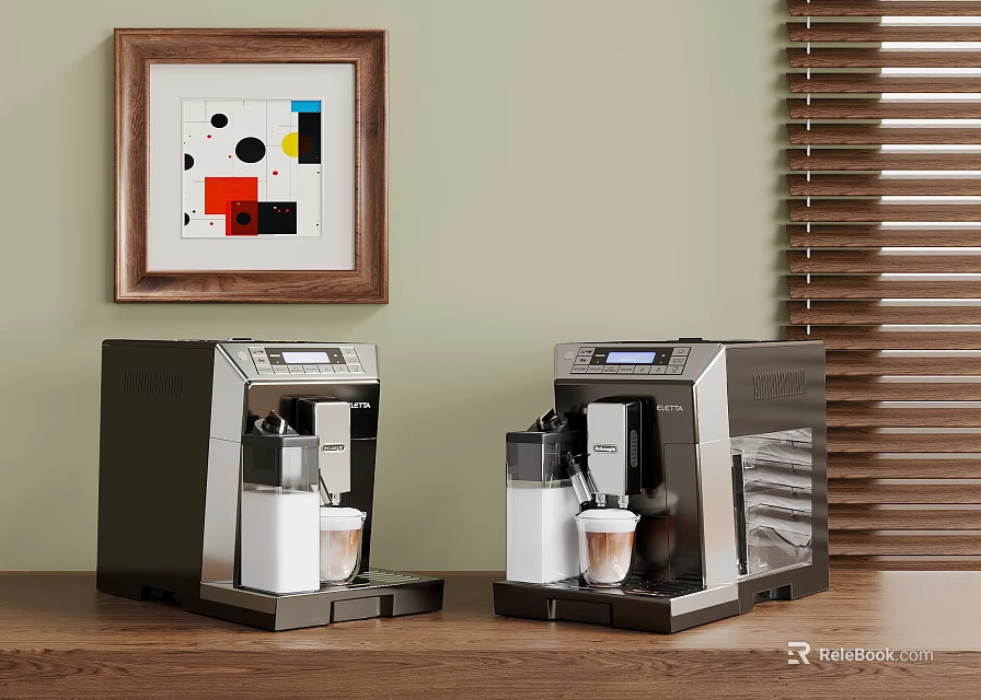 Modern Coffee Machines on Wooden Table with Geometric Painting and Wooden Blinds 3d model 
