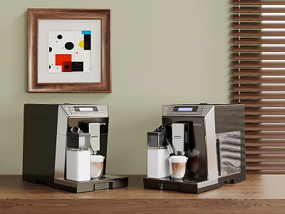 Modern Coffee Machines on Wooden Table with Geometric Painting and Wooden Blinds 3d model