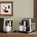 Modern Coffee Machines on Wooden Table with Geometric Painting and Wooden Blinds