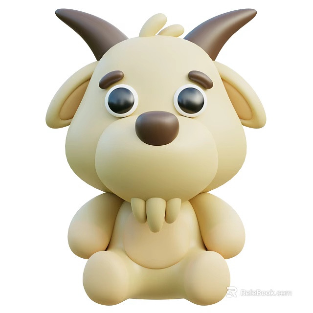 Cute Beige Cartoon Goat Doll With Big Eyes Brown Horns And Small Beard 3d model 