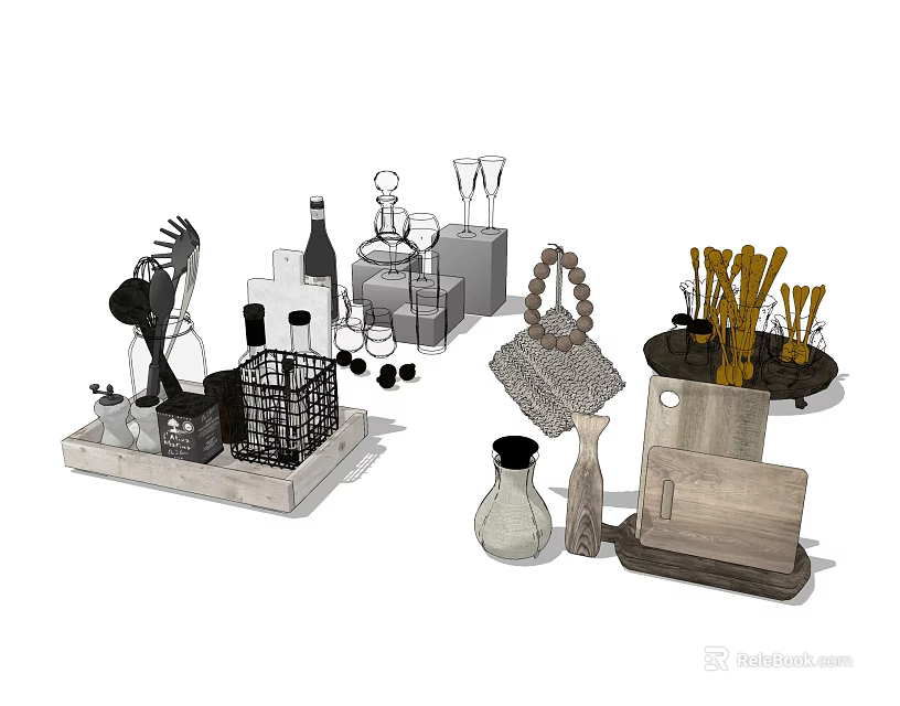 Stylish Tableware Collection With Utensils Bottles Glasses Baskets And Vases 3d model 
