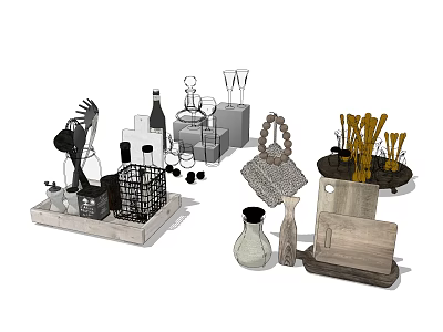 Stylish Tableware Collection With Utensils Bottles Glasses Baskets And Vases 3d model