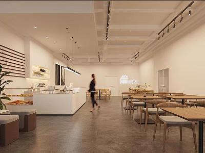 Bright Dessert Shop Interior With Wooden Tables Ceiling Lights Display Counter And Plant Decorations 3d model