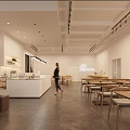 Bright Dessert Shop Interior With Wooden Tables Ceiling Lights Display Counter And Plant Decorations