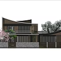 Modern Detached Villa With Curved Black Roof Courtyard Cherry Blossom Tree And Stone Wall