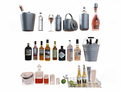 Essential Cocktail Making Tools With Alcohol Bottles Glasses And Ice Bucket Collection 3d model