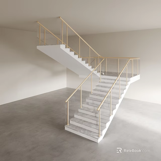 Modern Minimalist Indoor Staircase With White Steps And Golden Railings 3d model 