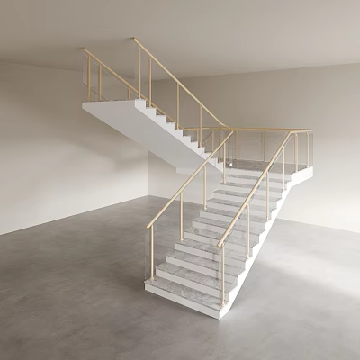 Modern Minimalist Indoor Staircase With White Steps And Golden Railings 3d model