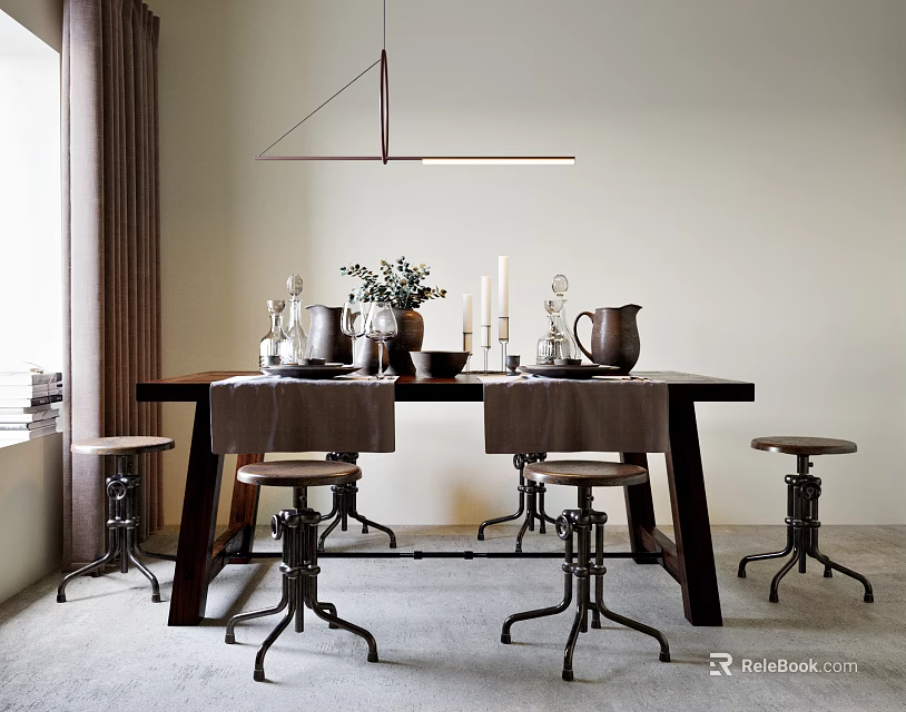 Modern Wooden Dining Table Set With Metal Stools Decorative Tabletop Items And Hanging Light Fixture 3d model 
