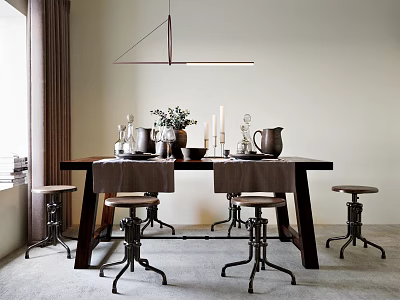 Modern Wooden Dining Table Set With Metal Stools Decorative Tabletop Items And Hanging Light Fixture 3d model