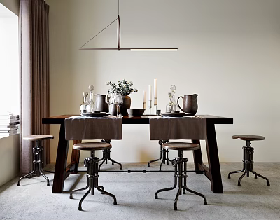 Modern Wooden Dining Table Set With Metal Stools Decorative Tabletop Items And Hanging Light Fixture 3d model