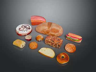 Assorted Baked Bread Varieties Display With Loaf Sandwich Bagel And Sliced Options 3d model