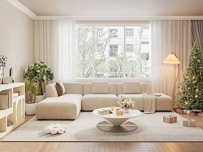 Cozy Living Room Interior With Beige Sofa Coffee Table Large Window Christmas Tree And Gifts 3d model