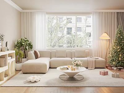 Cozy Living Room Interior With Beige Sofa Coffee Table Large Window Christmas Tree And Gifts 3d model