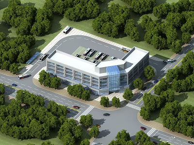 Modern Multi Story Office Building with Green Trees Parking Area and Access Roads 3d model