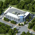 Modern Multi Story Office Building with Green Trees Parking Area and Access Roads