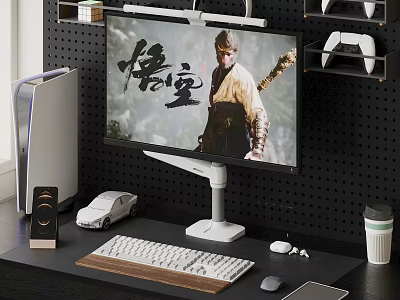 Modern PC Desk Setup With Monitor Keyboard Mouse And Pegboard Shelves 3d model