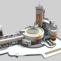 Futuristic Base Facility With Tower Labeled 3 Circular Central Structure Modular Buildings White Gray Orange