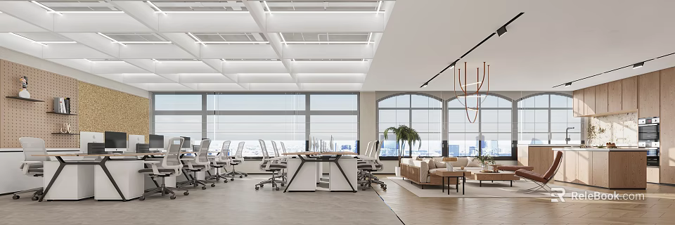 Modern Open Public Office Space With Workstations Large Windows Ceiling Lights And Green Plants 3d model