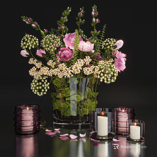 Transparent Glass Vase with Pink and White Flowers and Purple Candles with Petals 3d model 
