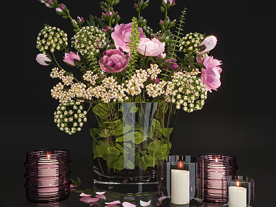 Transparent Glass Vase with Pink and White Flowers and Purple Candles with Petals 3d model