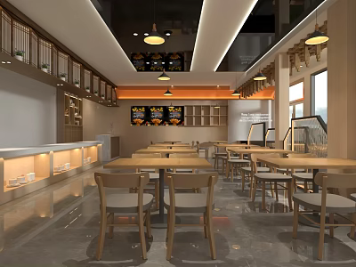 Modern Restaurant Interior With Wooden Tables Chairs Hanging Lights And Display Shelves 3d model