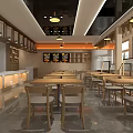 Modern Restaurant Interior With Wooden Tables Chairs Hanging Lights And Display Shelves