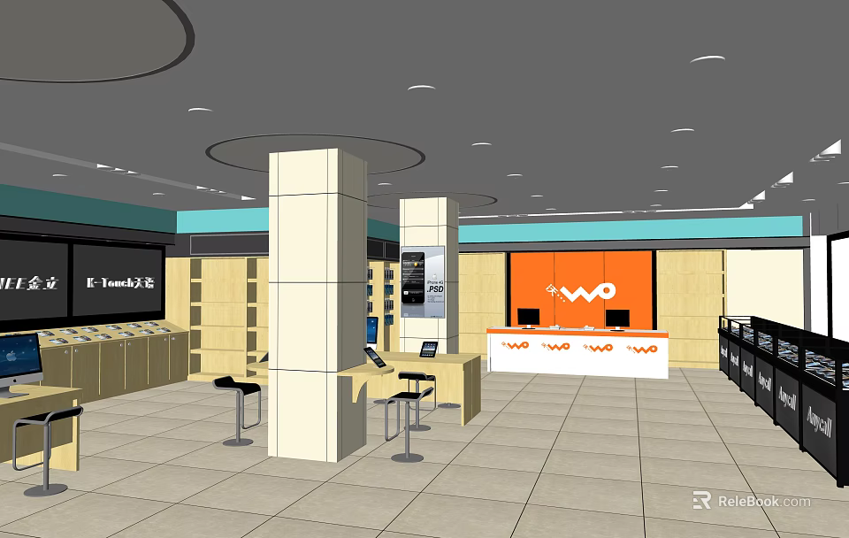 Digital Store Interior Design With Display Counters Brand Logo And Seating Areas 3d model