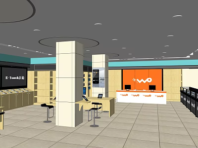 Digital Store Interior Design With Display Counters Brand Logo And Seating Areas 3d model