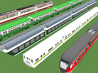 Modern Trains In Various Colors With Different Designs On Railway Tracks 3d model