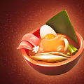 Red bowl with soup containing soft boiled egg sliced meat green onions and green leaf