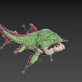 Green Aquatic Creature with Pink Fins and White Object in Mouth Unique Scales Design