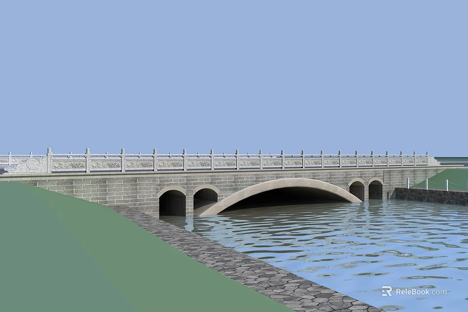 Stone Arch Bridge With Multiple Arches White Railings Over Calm Water And Stone Embankment 3d model 