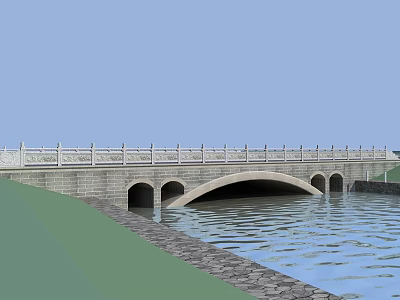 Stone Arch Bridge With Multiple Arches White Railings Over Calm Water And Stone Embankment 3d model
