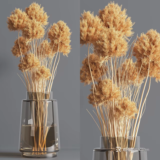 Transparent Glass Vase With Light Brown Fluffy Dried Flowers For Modern Home Decor 3d model 