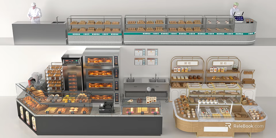 Bakery Display Shelves With Glass Cases Bread Pastries Cashier Counter And Ovens 3d model 