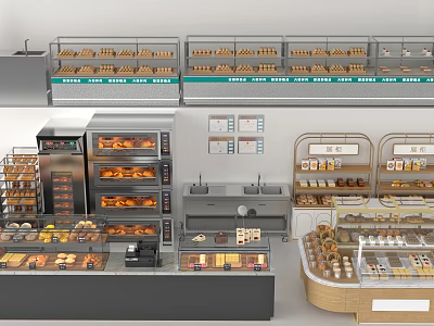 Bakery Display Shelves With Glass Cases Bread Pastries Cashier Counter And Ovens 3d model