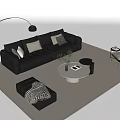 Modern Black Leather Sofa and Round Coffee Table Set with Cushions and Floor Lamp