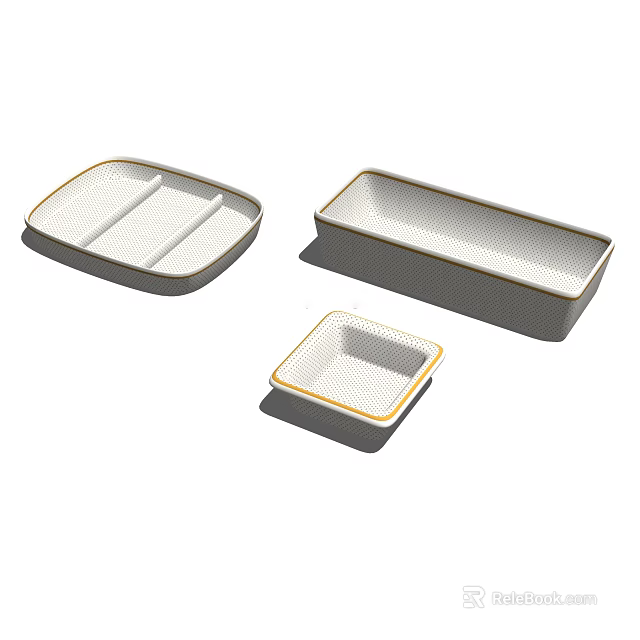Modern Tableware Set With Rectangular And Square Plates Gold Rim White Gray 3d model
