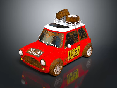 Red Vintage Minicar With Roof Rack Tires And L3 Logo Design 3d model