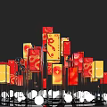 Eye-catching Photo Spot With Red Yellow Patterned Square Panels And Metal Stands